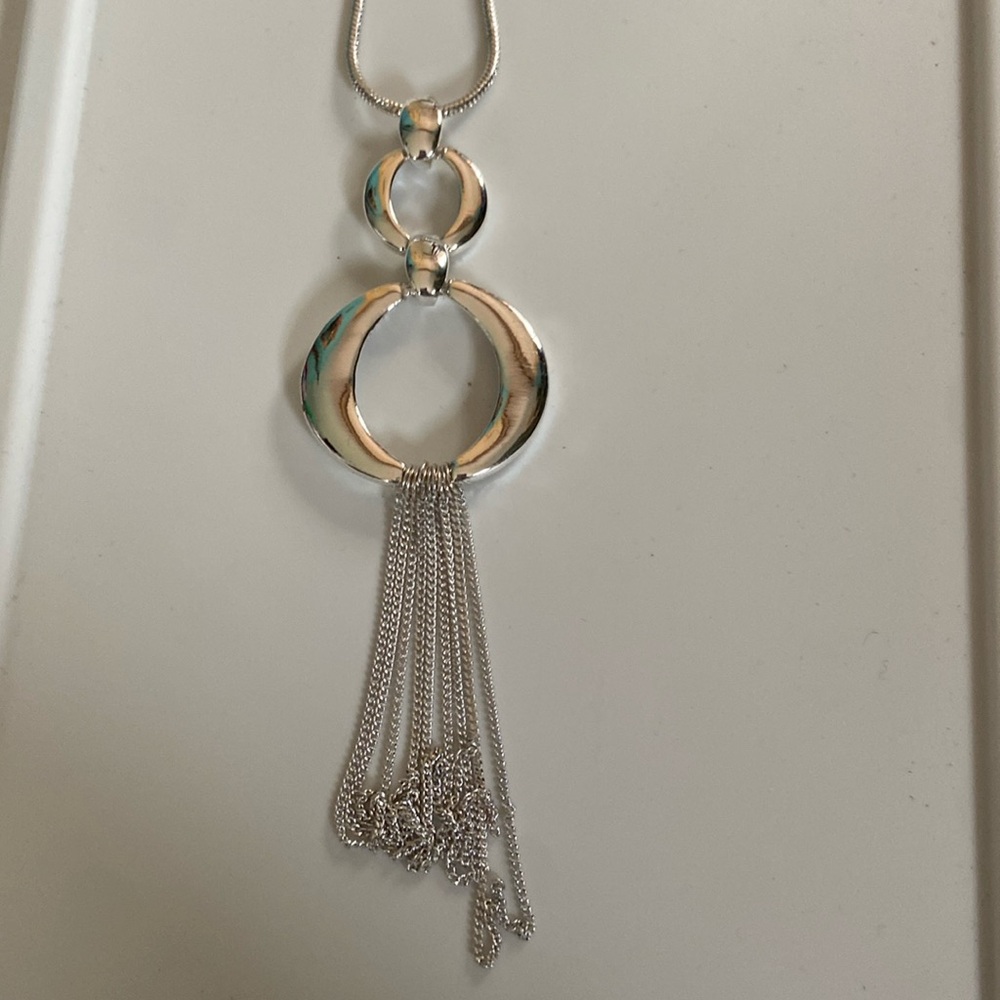 Silver statement necklace, 28 inch chain, 6 inch pendant